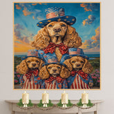 Mother Cocker Spaniel and Three Puppies in Patriotic Outfits Among Wildflowers on Ready to Hang 1.5" Thick Canvas Wrap, Floating Framed Canvas, Flat Rolled Canvas